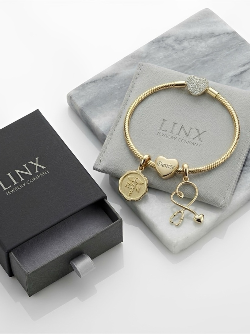 Linx Personalized Gold Snake Chain Bracelet with Registered Nurse Themed Charms